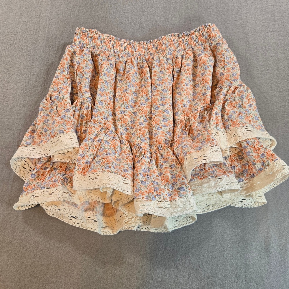 Aeropostale Skirt Women Small Peach Floral Tiered Ruffle Lace Trim Mini Skirt